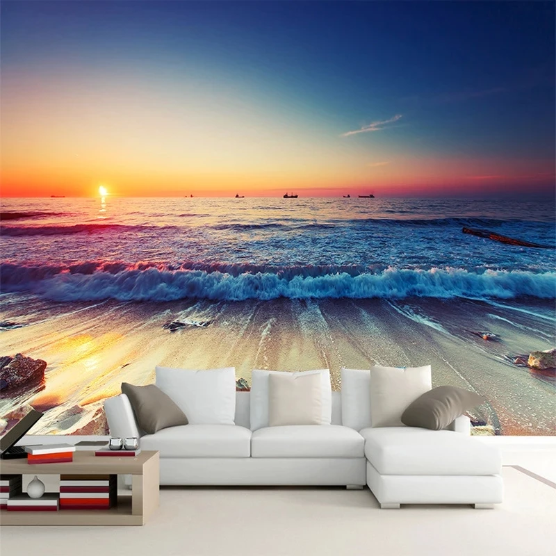 Customized Romantic Seaside Beach Sunset Landscape 3D Wallpaper Living Room Sofa Dining Room Backdrop Murals Decor photo Hotel