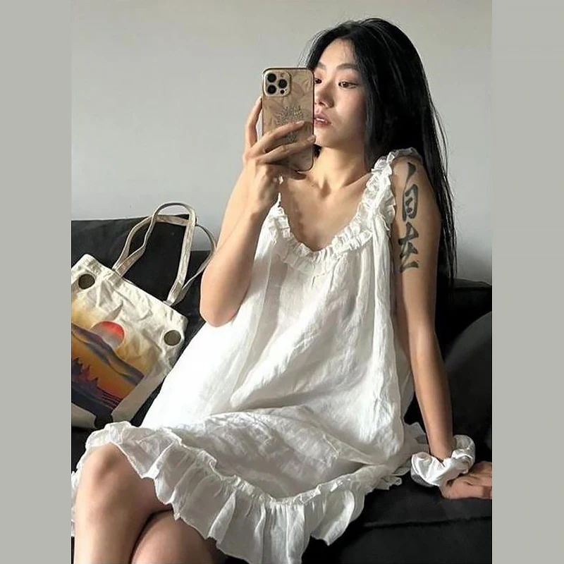 White Pajamas Sweet Sleeveless Mini Dress Casual Loose Ruffles Sleep Dress