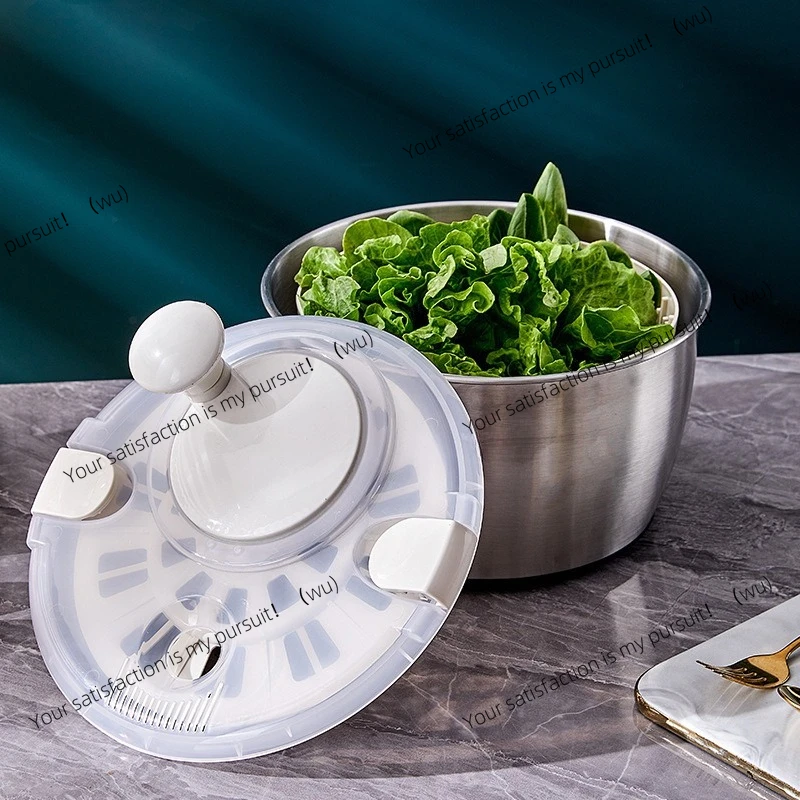 

Stainless steel vegetable salad dehydrator manual rotating drain basket household fruit and vegetable dryer