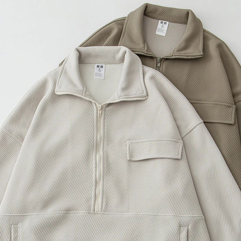 

half zippered hoodies with stand collar loose drop shoulder minimalist workwear men's hoodies & sweatshirts
