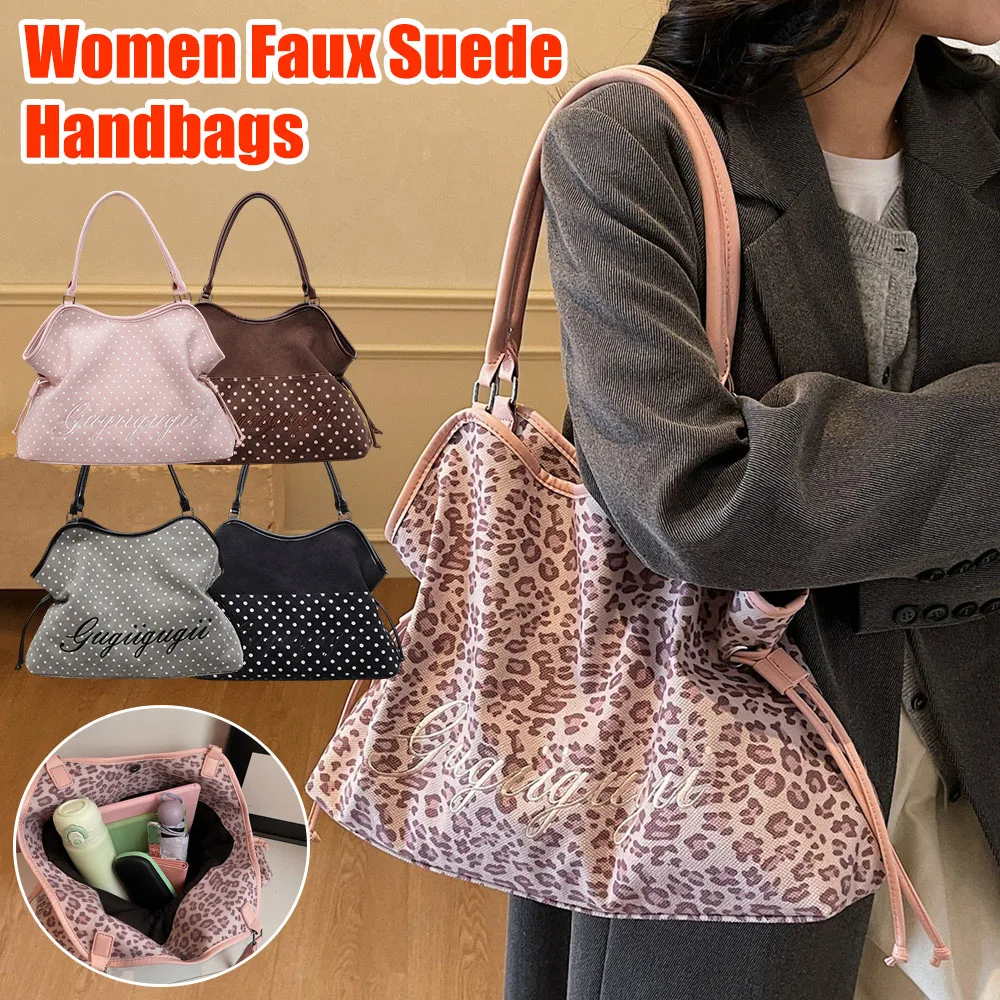 

Underarm Shoulder Bag with Drawstring Design Polka Dot Leopard Print Large Capacity Tote Bag for Daily Commute Shopping Casual