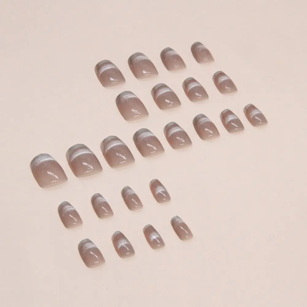 24pcs Cat Eye Fake Nails Square Head French Nail Press on Nails Waterproof Faux Fingernails