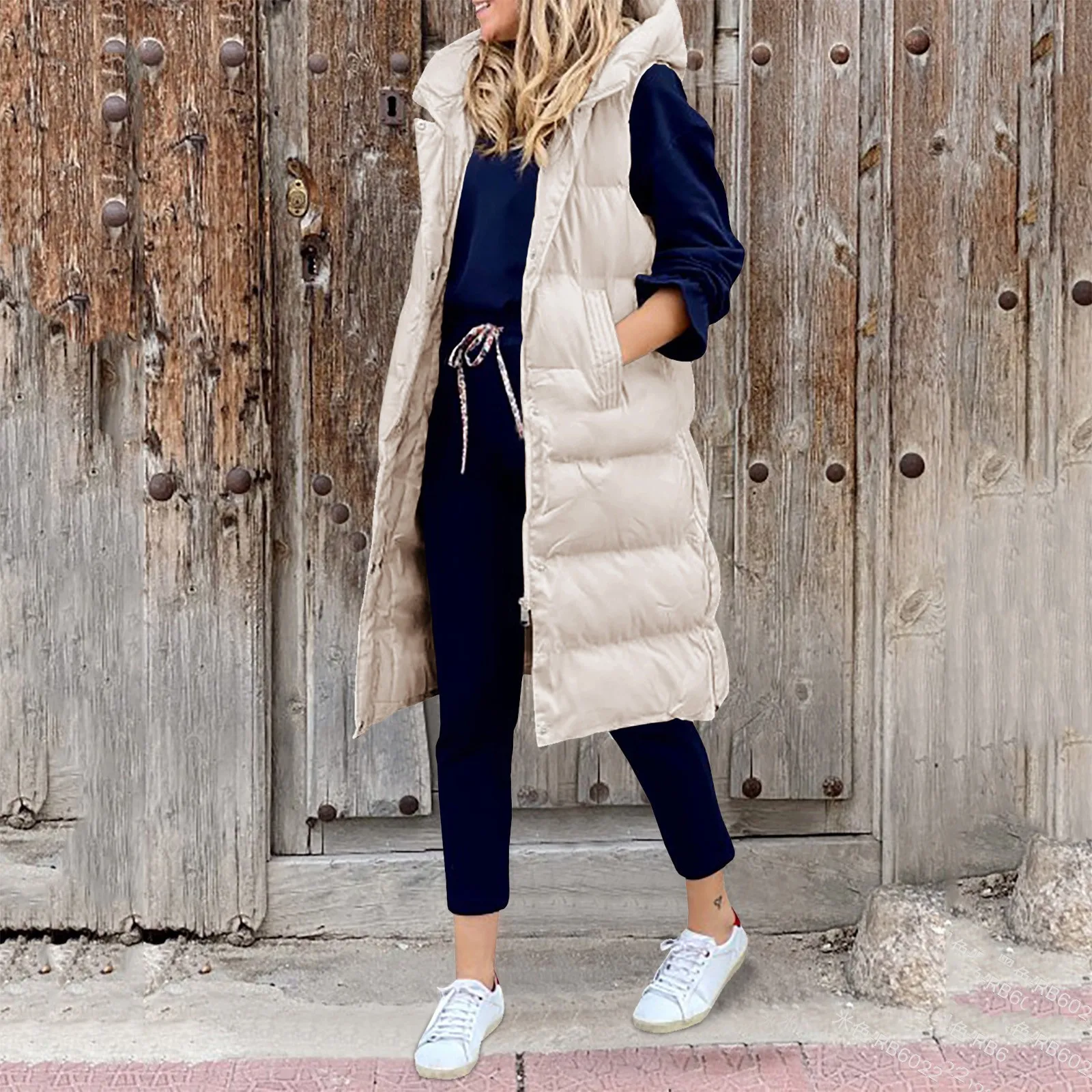 Women Solid Color Hooded Long Coat 2023 Autumn Winter Vest Long Parkas Women Loose and Warm Single-Brewed Zip Sleeveless Parkas