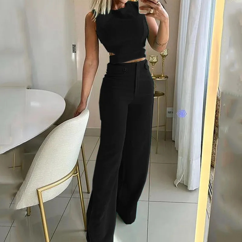 2024 Fall Women's New Fashion Casual Slim-fit Temperament Button-down Sleeveless Top Wide-leg Pant Suit Commuter Two-piece Suit