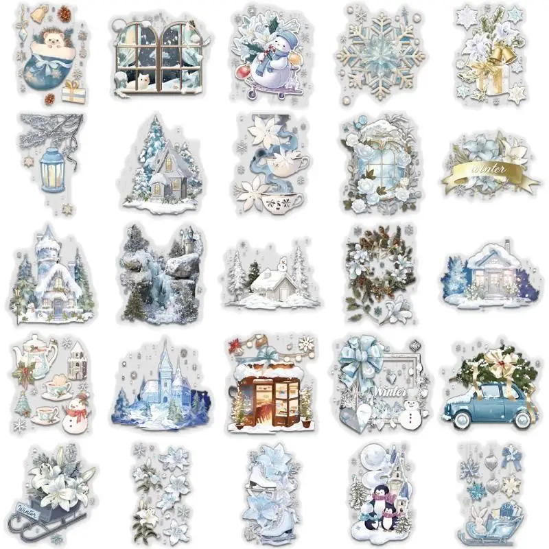 50PCS Dreamy Blue Winter Watercolor Art PET Sticker Snowman Snow Castle Christmas Tree Flower Beautiful Art Decoration Scrapboo