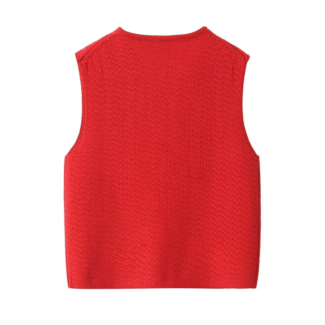 TRAF Cropped Sleeveless Vests for Women Red Bow Knit Vest Woman Black Summer Vest Top Women 2024 Holiday Casual Kamizelka damska