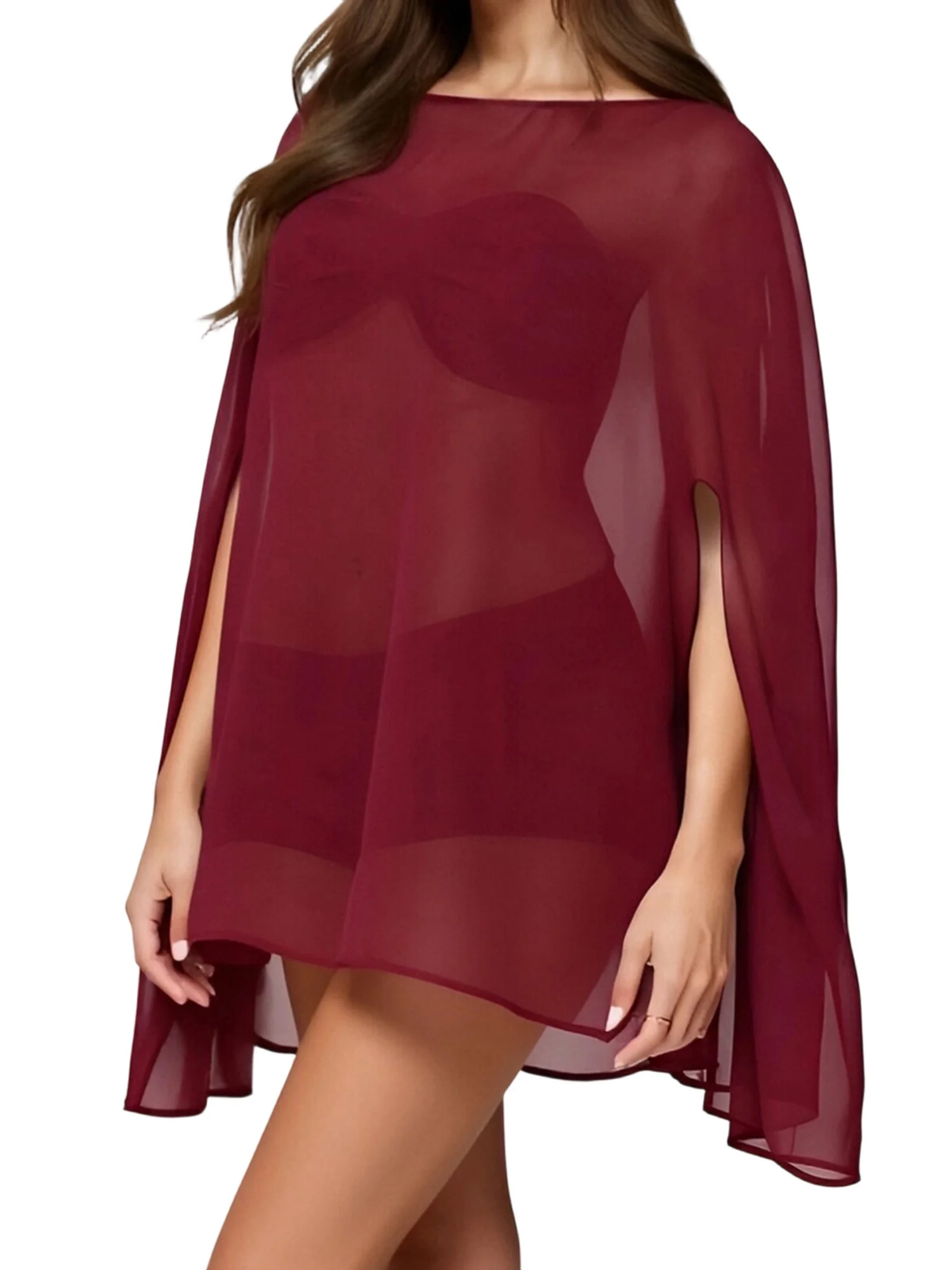 Women Poncho Batwing Sleeve Sheer Tops Solid Loose Fall Tops Clubwear for Party