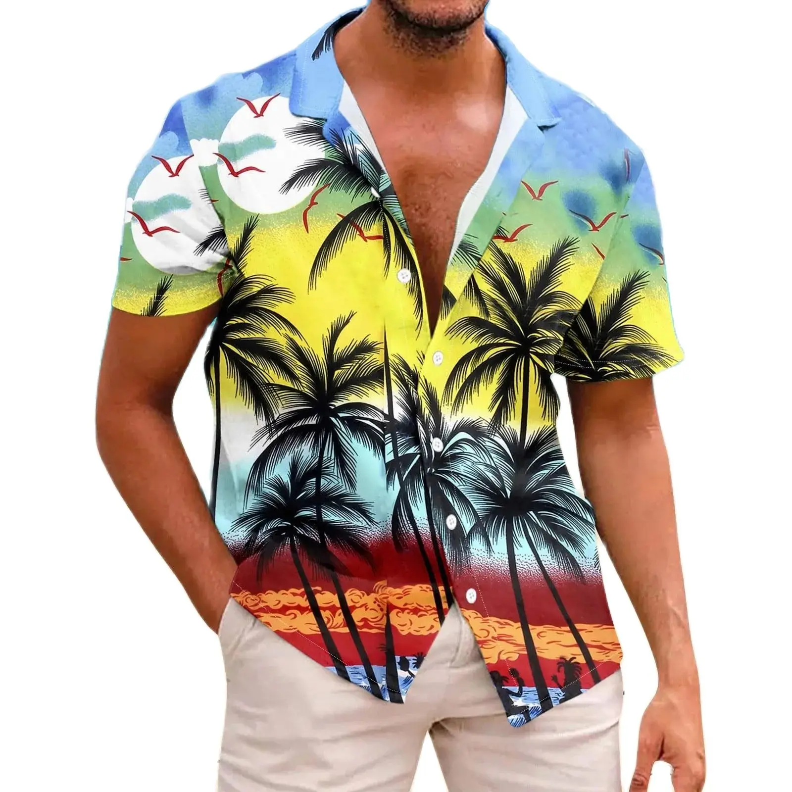 Coconut Tree Printed Men\'s Shirts Summer Loose Short Sleeve Lapel Hawaiian Beach Holiday Shirts Casual Button Down Shirts For Me