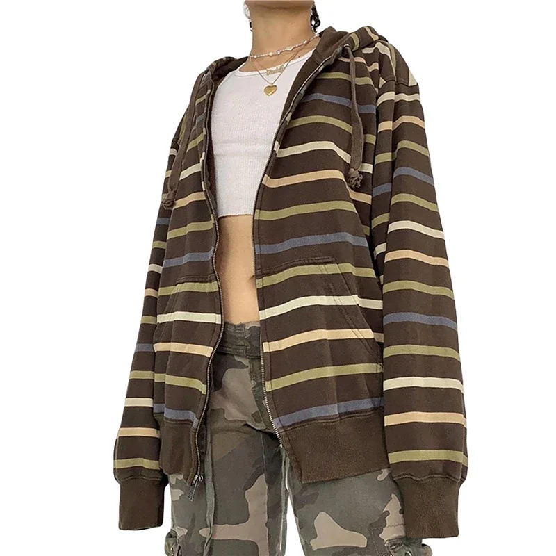 Ästhetisches Sweatshirt, gestreift, langärmelig, Tops mit Taschen, Kapuzenpullover für Damen, Grunge Emo, Y2K-Kleidung, Streetwear