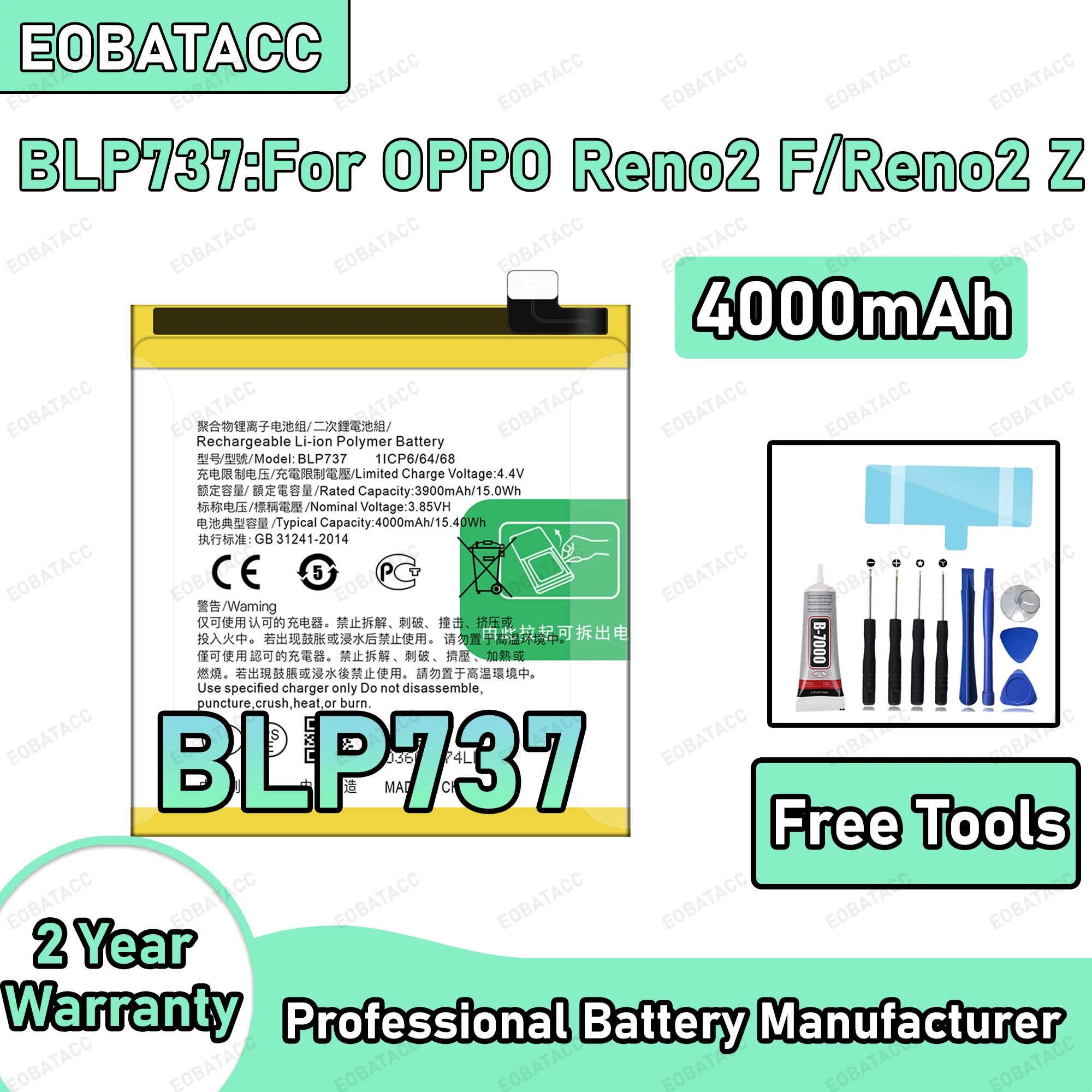 4000 mAh 100 % neuer BLP737-Akku für OPPO Reno2 F/Reno2 Z Ersatzbatterie + kostenlose Werkzeuge