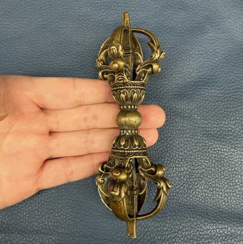 Tibetan Buddhism Yellow LemaCopper Dragon Vajra Dorje Five-Pronged Pestle Amulet