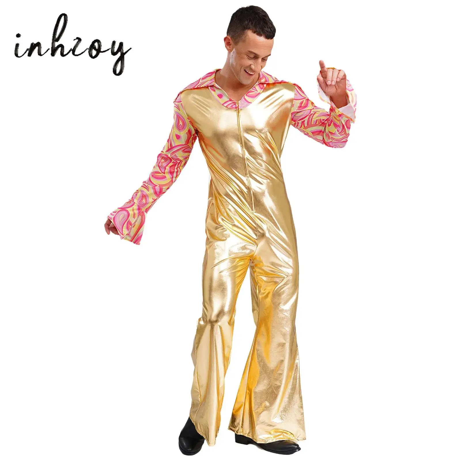 Mens Hippie Jazz Disco Dance Rompers Lapel V Neck Flare Long Sleeve Split Cuffs Bell Bottom Pants Patchwork Jumpsuit Clubwear