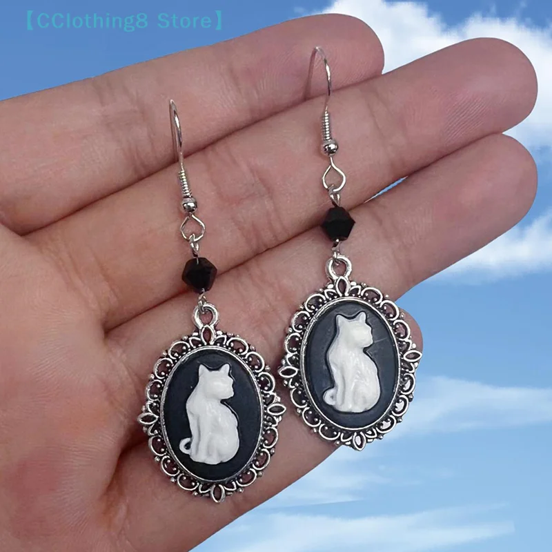 Vintage Gothic White Cat Pattern Drop Earrings Women Vintage Silver Color Frame Creative Hook Earrings Party Jewelry【AliS8】