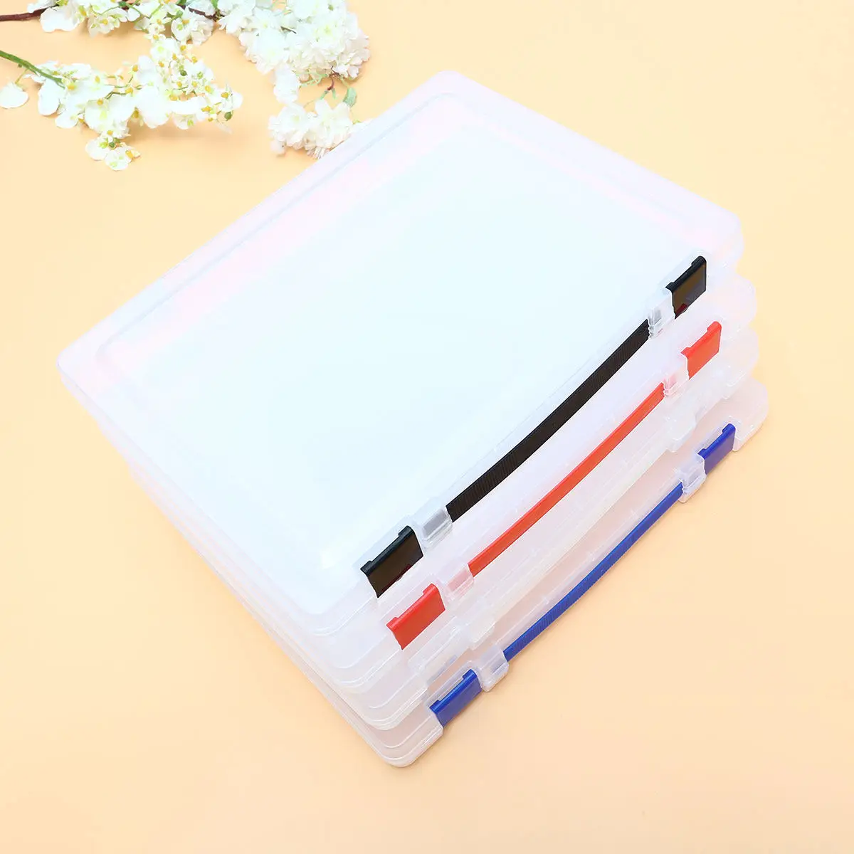 Transparent Storage Box for Documents Clear Plastic File Case with Blue Buckle Stackable and Lightweight Ideal for Office Home