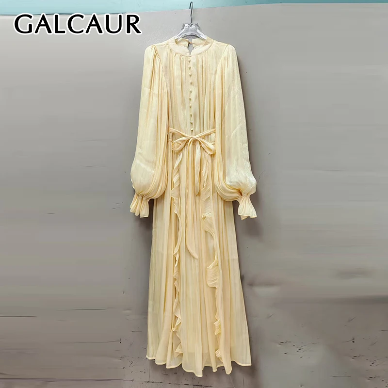 

GALCAUR Solid Loose Spliced Lace Up Casual Dresses for Women Round Neck Long Sleeves Patchwork Folds Elegant Dress Female New