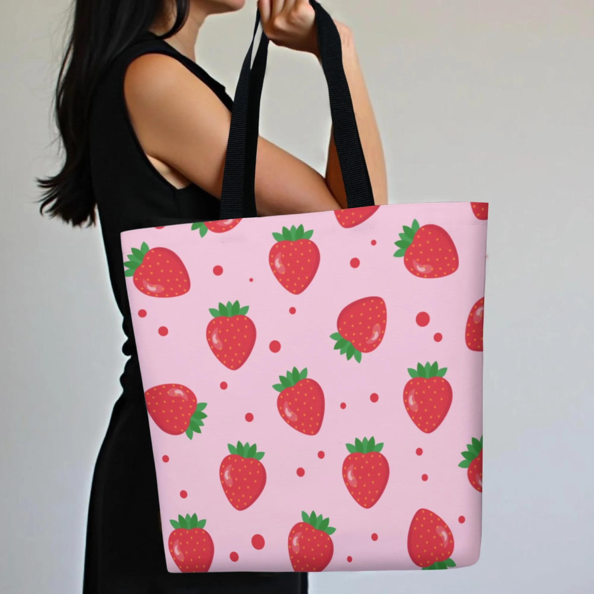 Pink Strawberry & Kawaii Aficionado Canvas Tote Bag Fruit-Themed Shoulder Bag for Women Ideal for Cute Style Fans & Sweet Looks
