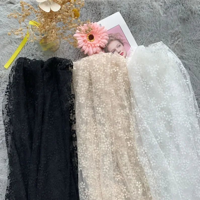 1 yard Black Flowers Flocking Lace Fabric Flocked Floral Tulle Fabric For Girl Dress Tutu Dress Wedding Dress Bridal Veil