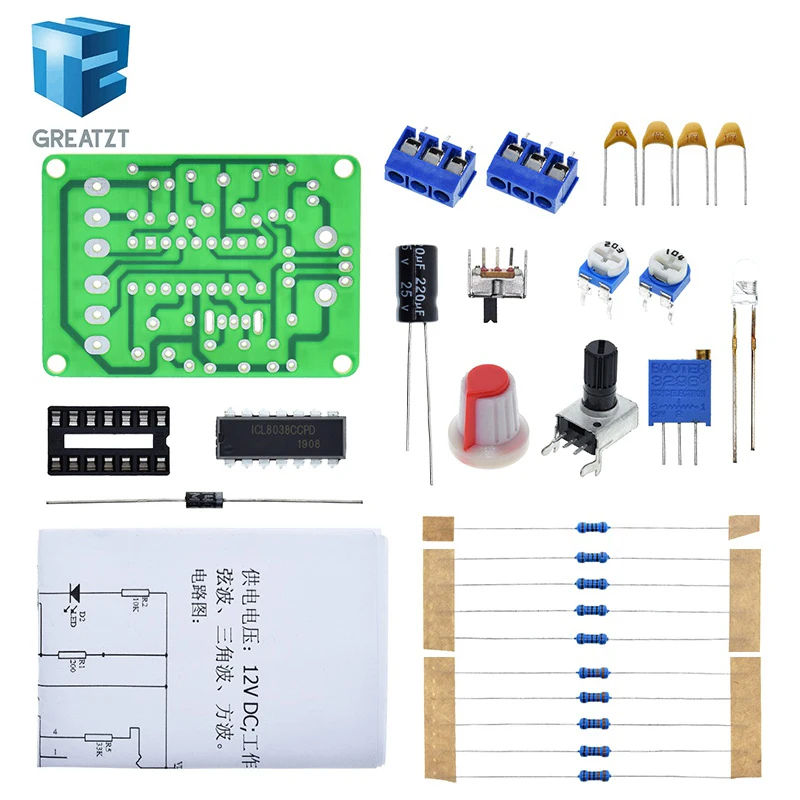 1Set ICL8038 Monolithic Function Signal Generator Module DIY Kit Sine Square Triangle Frequency Generator Capacitor Inductor