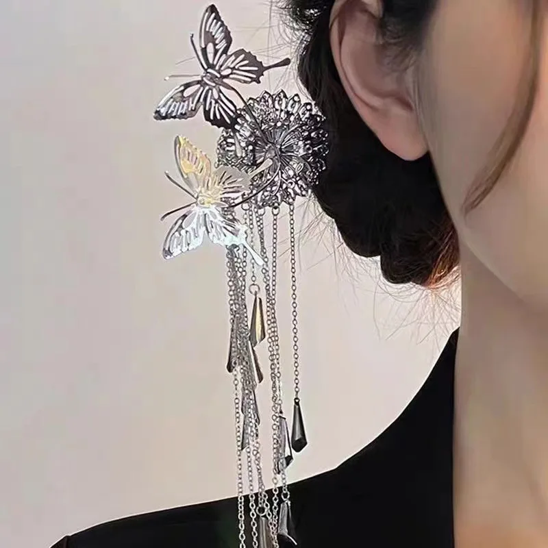 دبوس شعر على الطراز القديم على شكل حرف U للنساء مع دبوس شعر معدني بشرابة على شكل فراشة، دبوس شعر طويل قديم، دبوس شعر هانفو #2