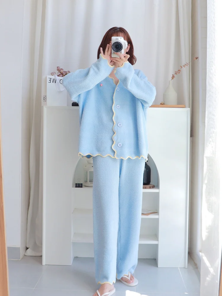 Wave Edge Simple Pajamas Winter Women\'s 2022 New Half Velvet Thickened Outwear Coral Velvet Home Suit