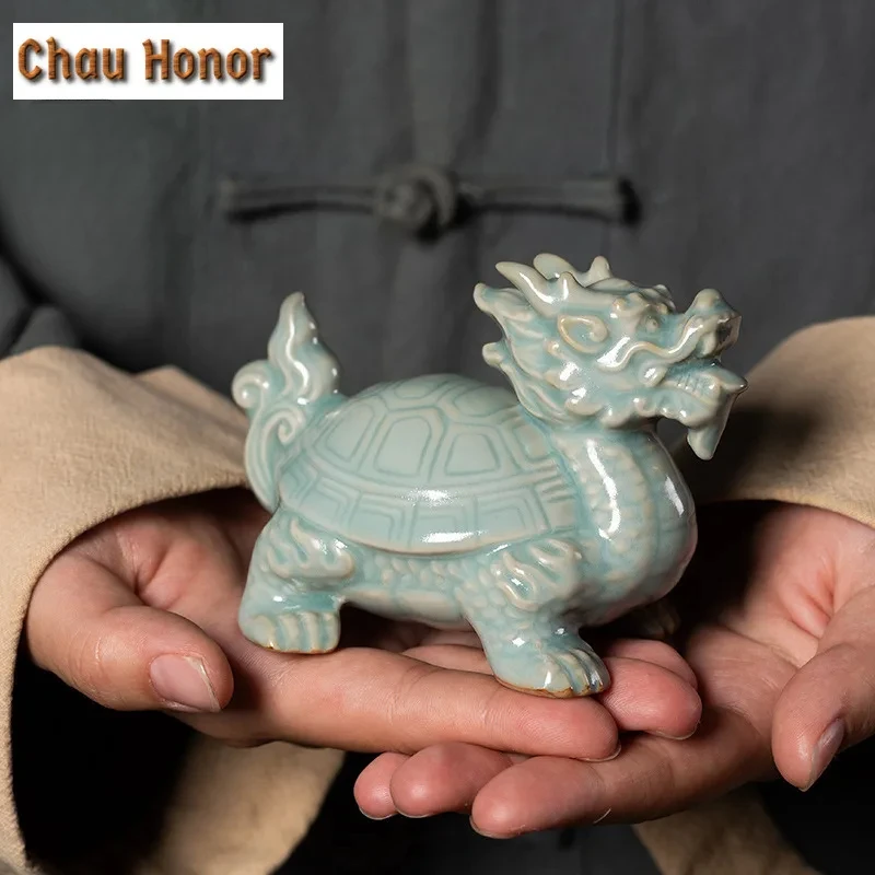 Longquan Celadon Dragon Turtle Tea Pet Elegant Tea Sculpture Tea Figurine Play Toys Tea Statue Ornaments Tea Ceremony Supplies