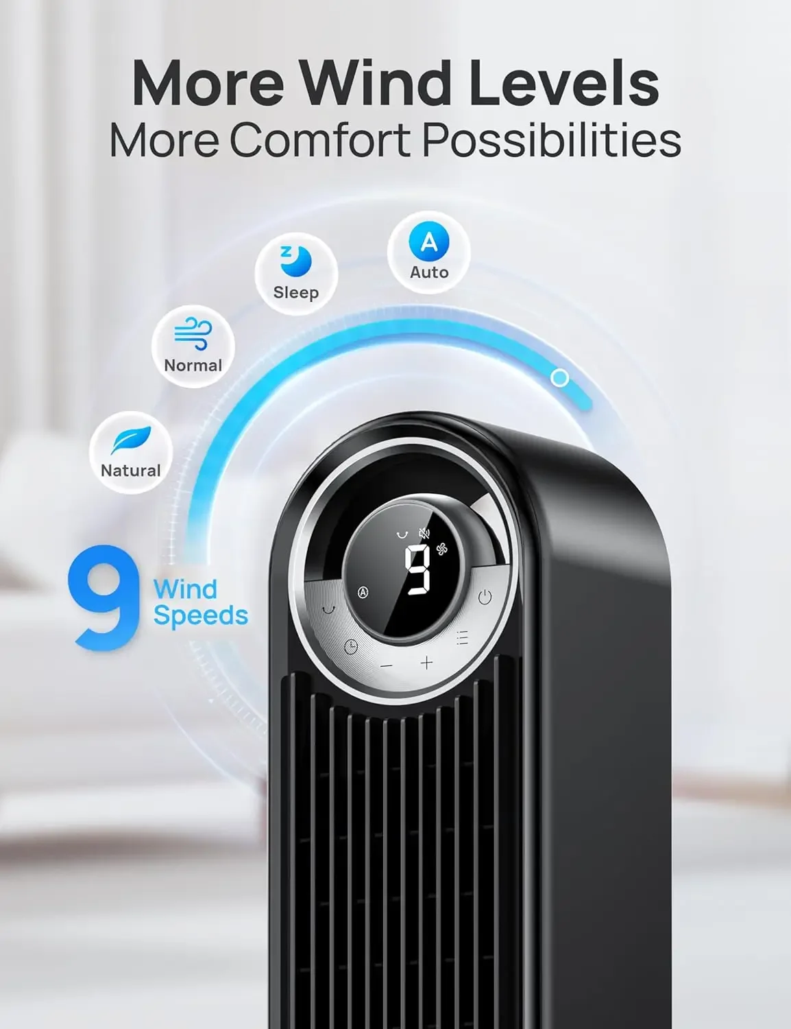 

Tower Fan for Bedroom, Upgrated DC 9 Speeds Ultra-Quiet Floor Fan, 90° Oscillating Fans for Indoors with 28ft/s Velocity