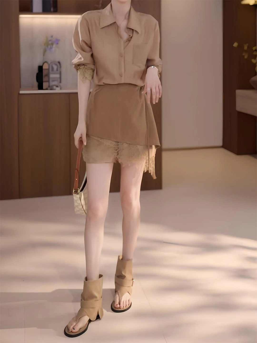 

Retro High Fashion Lace Patchwork Women's Summer Shirt Top High Waist Shorts Layering Three-Piece Set Casual Commute Style