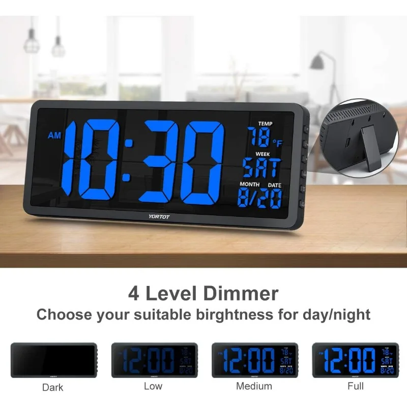 16 Inch Large Digital Wall Clock with 4 Level Brightness Dimmer, Remote Control, 7 Color Night Light, Big Blue Number LED