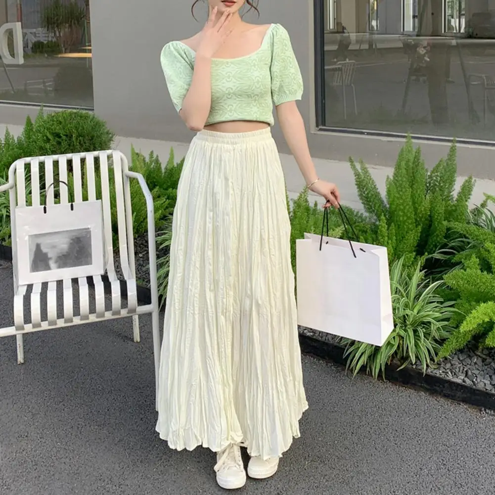 Women Maxi Skirt Elastic High Waist A-Line Skirt Solid Color Glossy Texture Pleated Hem Skirt Ankle-Length