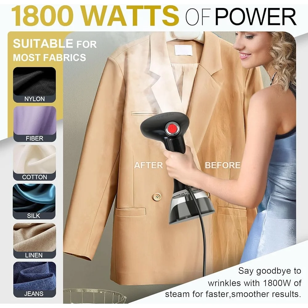 Vaporizador de ropa portátil de 1800W, vaporizador de ropa portátil de calentamiento rápido, tanque de 380ml, 3 ajustes de vapor, uso en viajes, cepillo para pelusas incluido