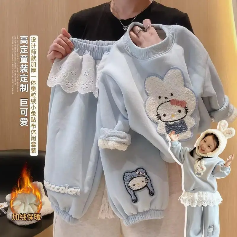 

Korean Version Cute Little Rabbit Hoodie Two Piece Set Sanrio Hello Kitty Tops 25 Winter New Velvet Thickened Girls Child Jumper