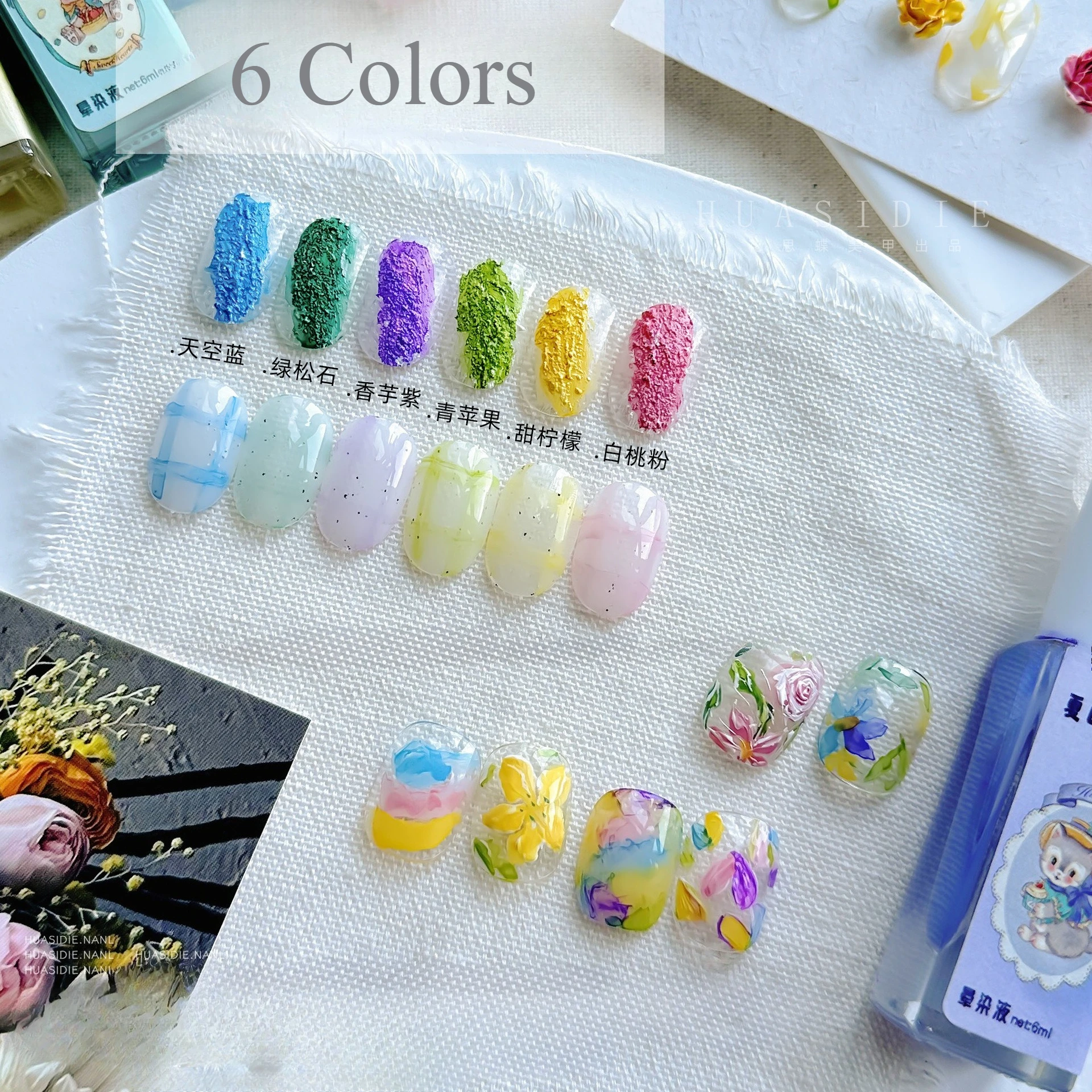 Sommer-Eiscreme-Nagel, 6-Farben-Farbverlaufsflüssigkeit, 6 ml, kreatives DIY-Design, Nagelgel, Farbe, Salon-Gel für blühende Marmor-Kunst, Pastell-Set