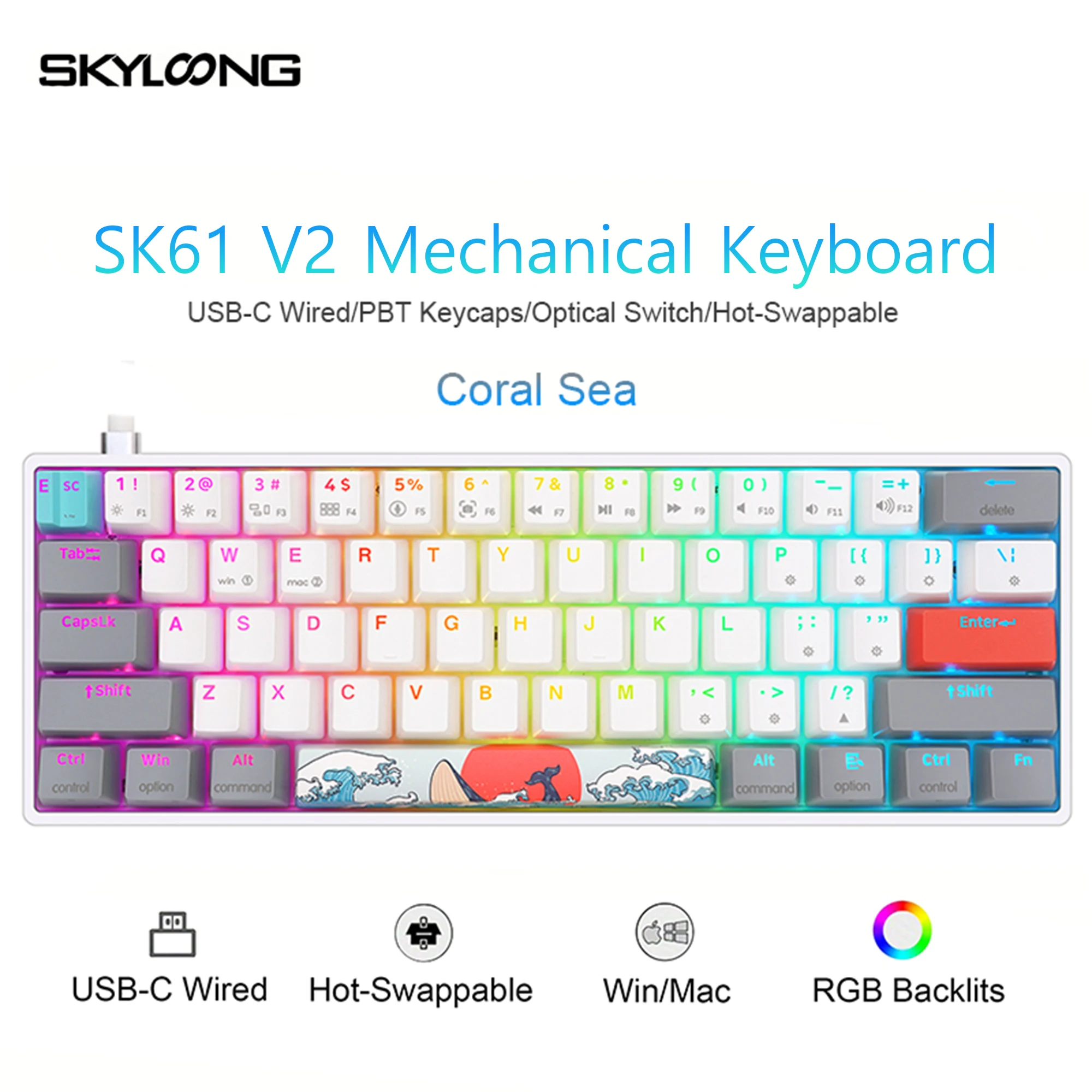 

SKYLOONG SK61 V2 Проводная механическая клавиатура USB с 60% RGB-подсветкой Механическая клавиатура с возможностью горячей замены Оптический переключатель Колпачки из ПБТ с разделенным пространством