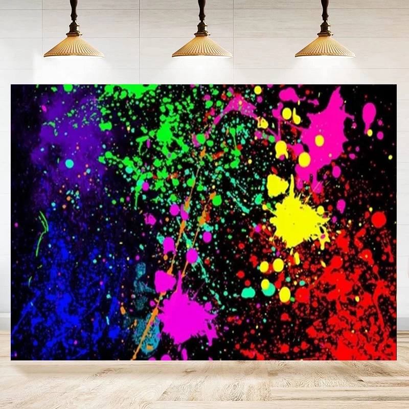 

Let's Glow Splatter Glow Neon Photography Backdrop Blacklight Disco Retro Dance Poster Birthday Party Decor Background Banner