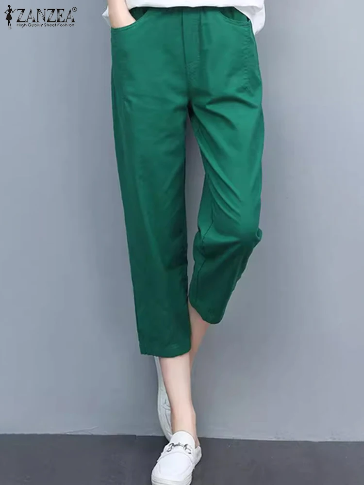 ZANZEA-Pantalones largos de lápiz para mujer, pantalón de cintura elástica, informal, Vintage, con bolsillo, para oficina