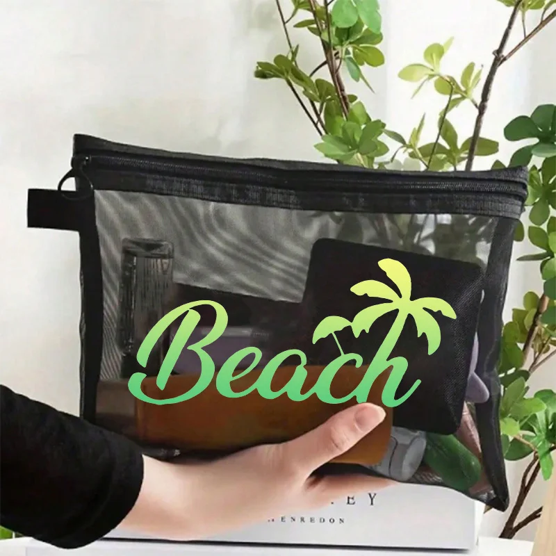 Beach Coconut Tree Vacation Style Mesh Cosmetic Organizer Bag Semi-Transparent Mesh Zipper Makeup Pouch Large Capacity Portable
