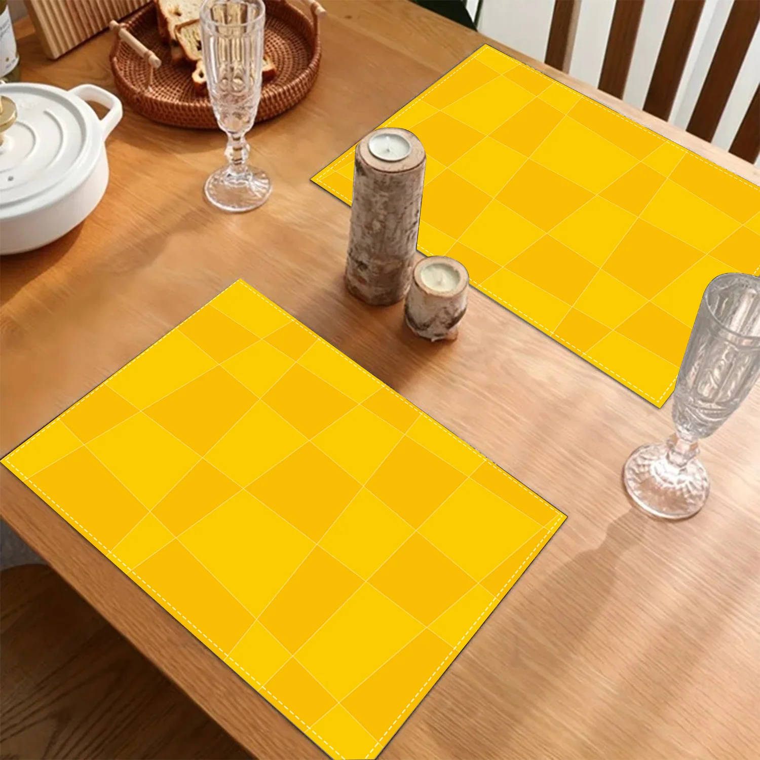 of 4/6 Yellow Geometric Patterned Linen Placemats, Kitchen Table Decor Additions, Heat-Resistant Linen Table Mats, Table Pads