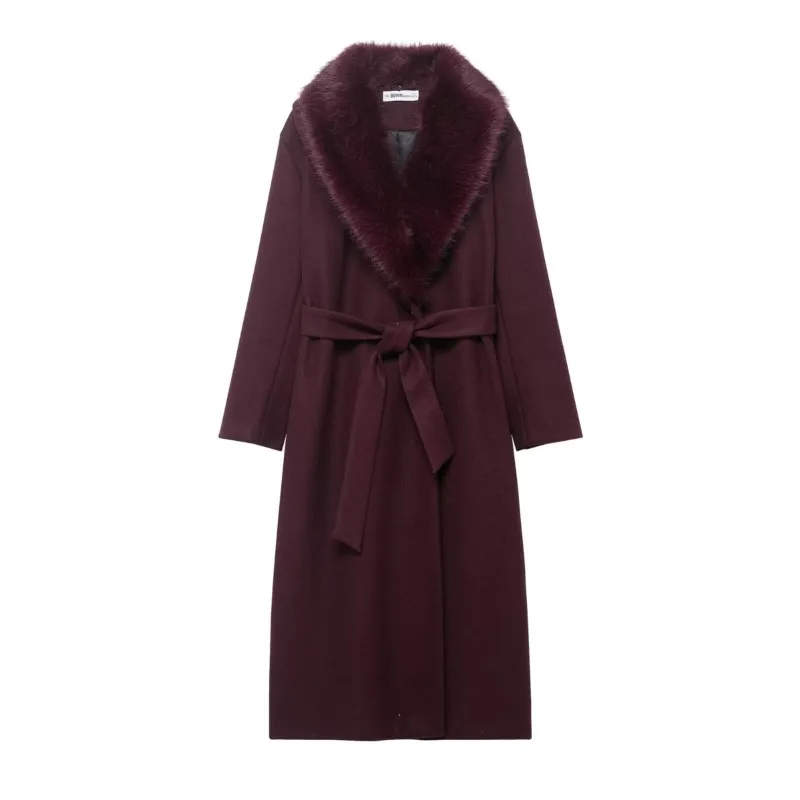 

Spring Women Belted Faux Fur Coat Casual Lapel Collar Pocket Long Sleeve Women's Outerwear Female Chic Overcoat Lady Coats