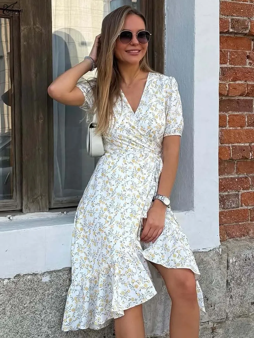 

Oymimi Fashion White Print Women's Dress Autumn V-Neck Short Sleeve Lace-Up Dresses Elegant Ruffled Mid-Calf Dresses Streetwear