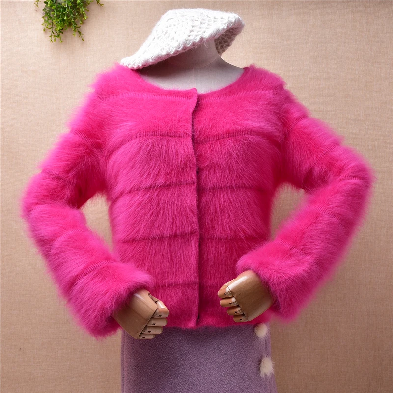 Ladies Women Fashion Fall Winter Hairy Mink Cashmere Knitted Striped beaded Slim Cardigan Angora Fur Jacket Coat Sweater Pull