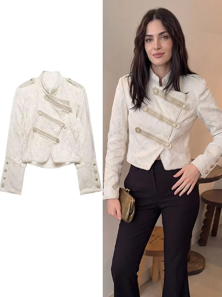 HH Damen Vintage Asymmetrische Doppelreihige Jacke Langarm Hochgeschlossener Kurzmantel Weibliche Y2K Mode Streetwear Mäntel