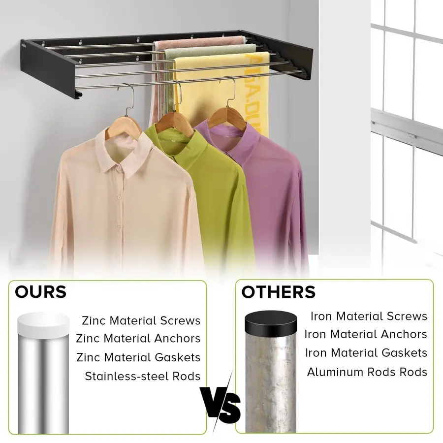 

Установленная сушилка для белья, выдвижная сушилка для одежды для ванной комнаты с настенным шаблоном, 5 стержней из нержавеющей стали, крышка 60 фунтов