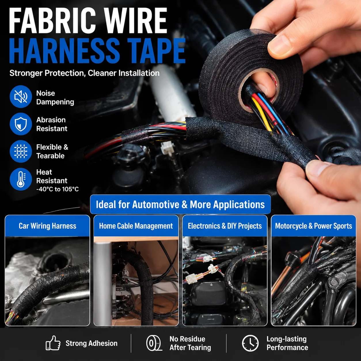 Fleece Wire Harness Tape, Noise Dampening & Abrasion Resistant, Black, 9/19/50mm x 15m, 1PC Automotive Electrical Wrap