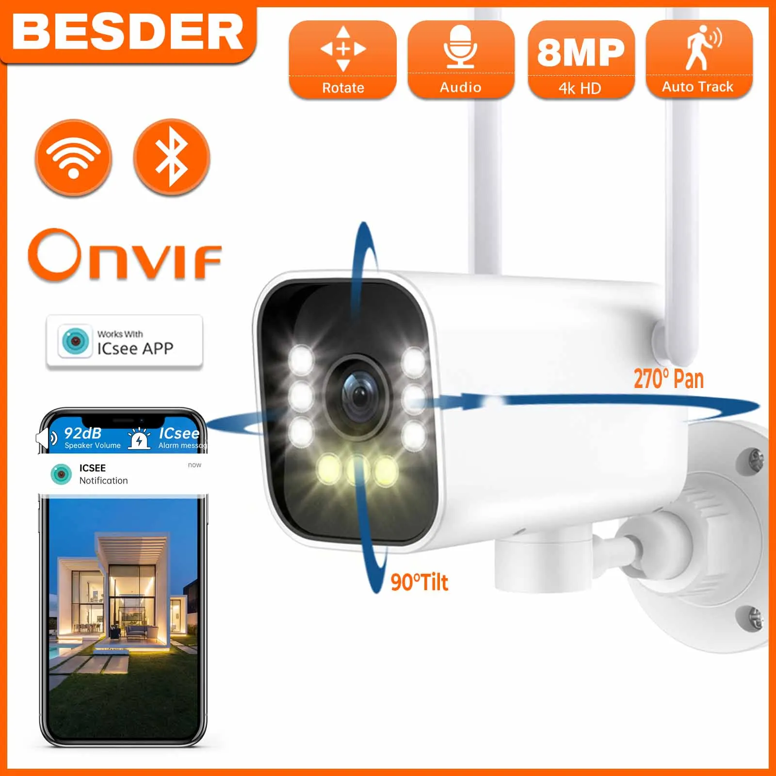 BESDER 8MP PTZ Bullet IP Camera Wifi AI Human Detect iCSee 1080P CCTV Outdoor Wireless Surveillance Camera With SD Card Slot