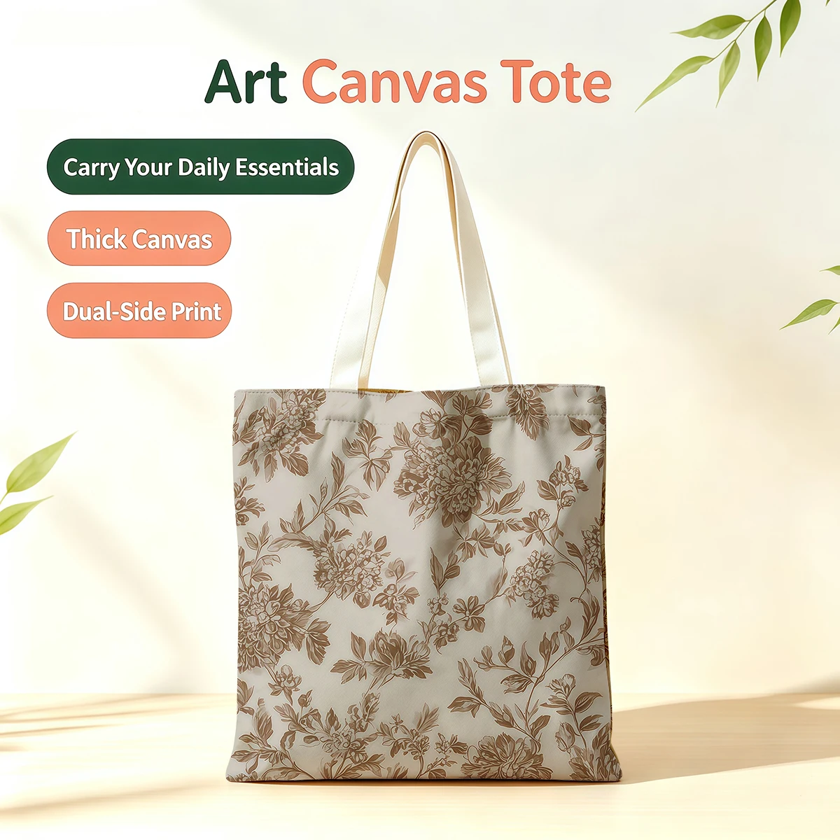 Beige Peony Dual-Side Printed Tote Bag Eco Handbag for School Office Daily Errands Daily Must-Have Bag