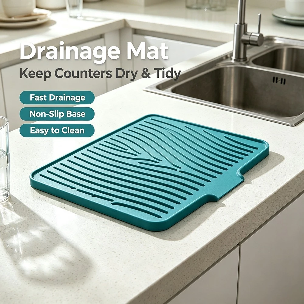 40/50CM Multifunctional Silicone Dish Drying Mat, Food‑Grade Sloped Kitchen Countertop Drain Pad for Glassware Cutlery Fruits