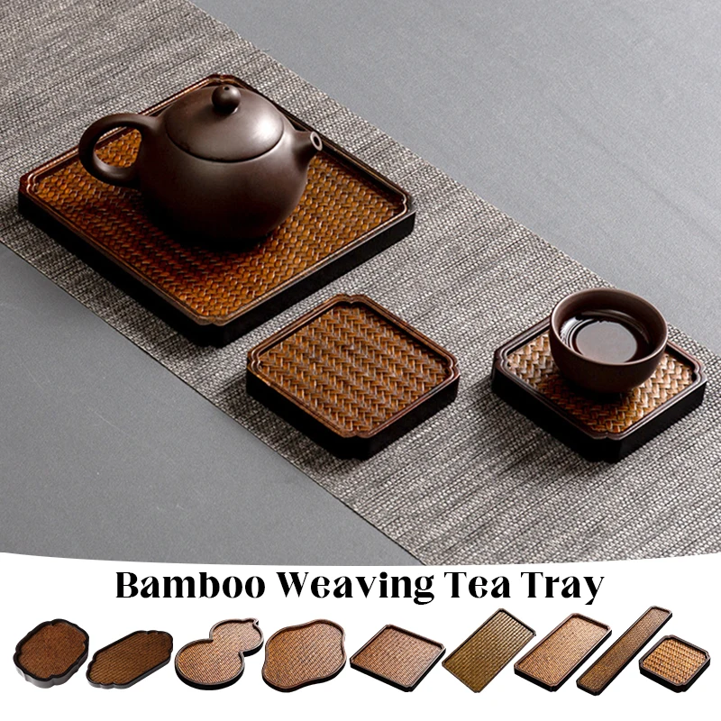 Retro Bamboo Weaving Rattan Woven Tea Tray Hotel Serving Tray Home Tea Cup Tray Japanese Style Tea Ceremony Decor Accessories
