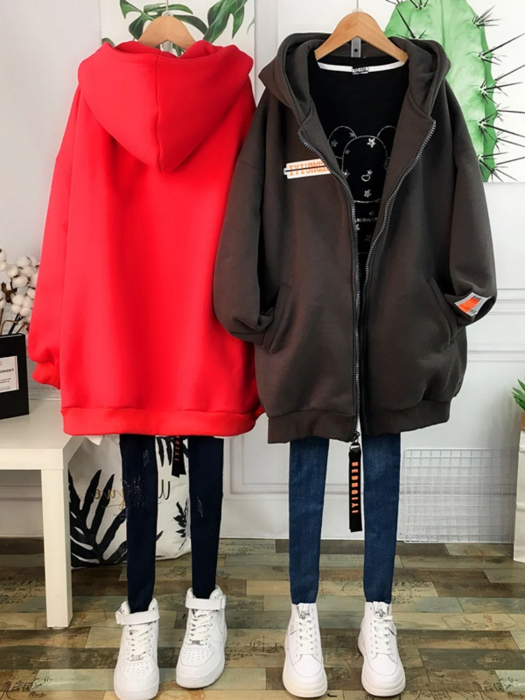 Casual Hooded Zipper Spliced Long Sleeve Fleece Lined Thickened Loose Open Cardigan Jacket for plus Size Women Daily Wear