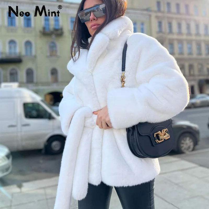 Luxury Pure White Belted Faux Fur Coat Women Thick Warm Fluffy Plush Jacket Chic Ladies Street Fashion Winter Overcoats Outfits