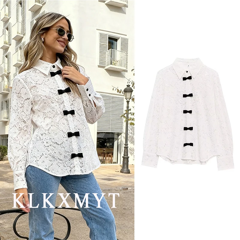 

Женская кружевная рубашка 2025, женская осенняя новая модная кружевная рубашка с длинными рукавами и пуговицами с бантом, женская элегантная рубашка для отдыха